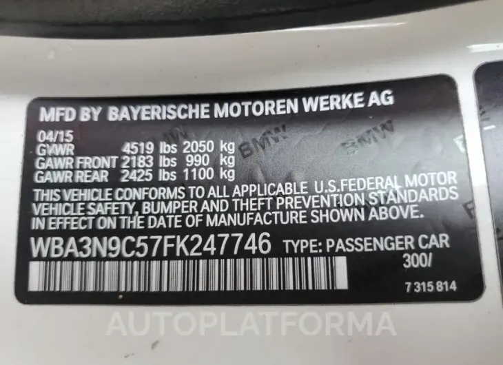 BMW 428 XI 2015 vin WBA3N9C57FK247746 from auto auction Copart