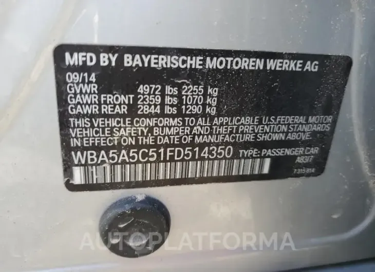 BMW 528 I 2015 vin WBA5A5C51FD514350 from auto auction Copart