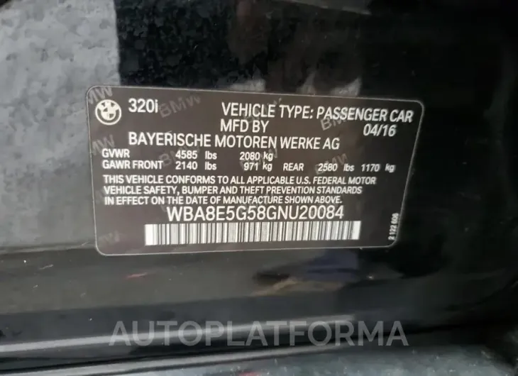 BMW 320 XI 2016 vin WBA8E5G58GNU20084 from auto auction Copart