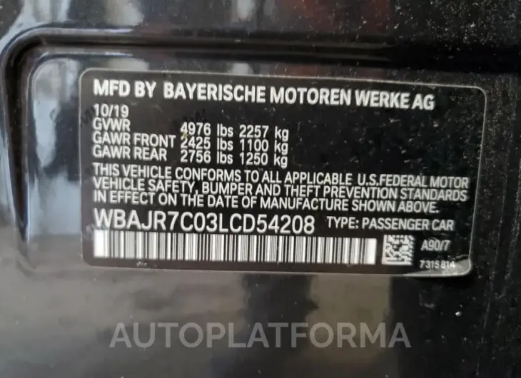 BMW 530 XI 2020 vin WBAJR7C03LCD54208 from auto auction Copart