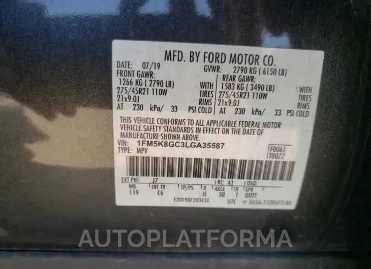 FORD EXPLORER S 2020 vin 1FM5K8GC3LGA35587 from auto auction Copart