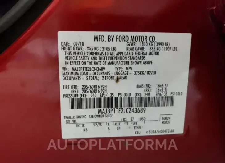 FORD ECOSPORT S 2018 vin MAJ3P1TE2JC243689 from auto auction Copart