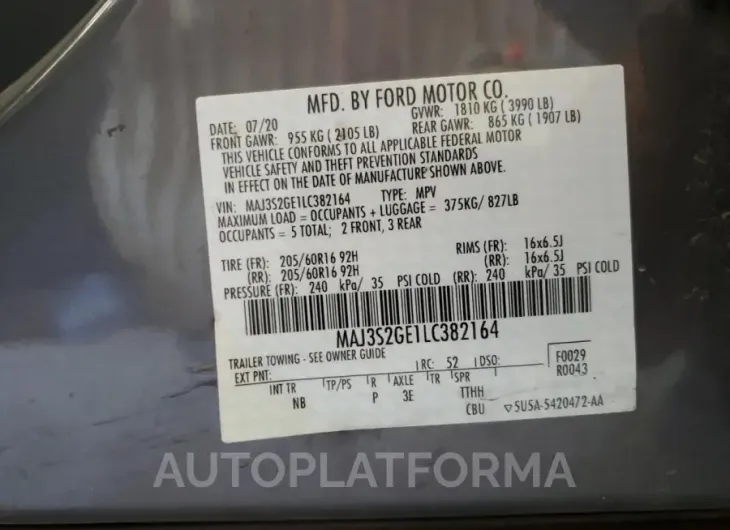 FORD ECOSPORT S 2020 vin MAJ3S2GE1LC382164 from auto auction Copart