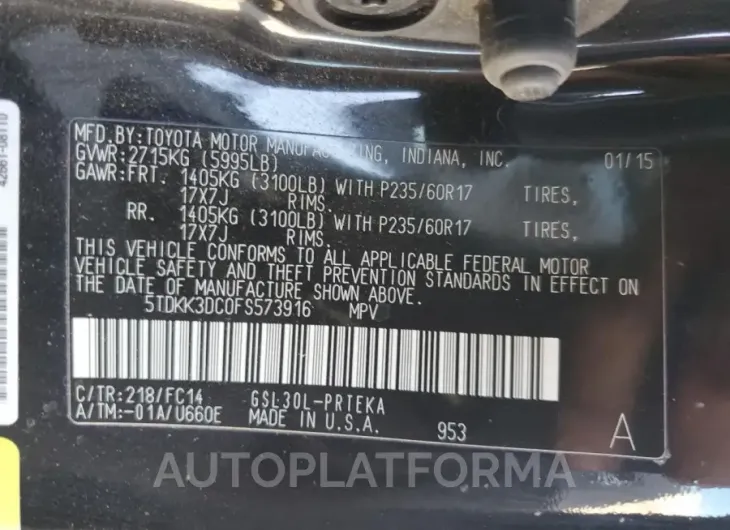 TOYOTA SIENNA LE 2015 vin 5TDKK3DC0FS573916 from auto auction Copart