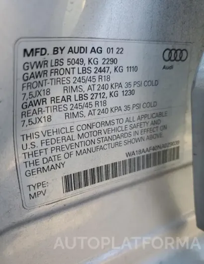 AUDI A4 ALLROAD 2022 vin WA18AAF40NA029039 from auto auction Copart