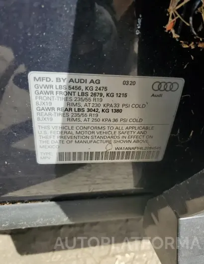 AUDI Q5 PREMIUM 2020 vin WA1ANAFY4L2084545 from auto auction Copart