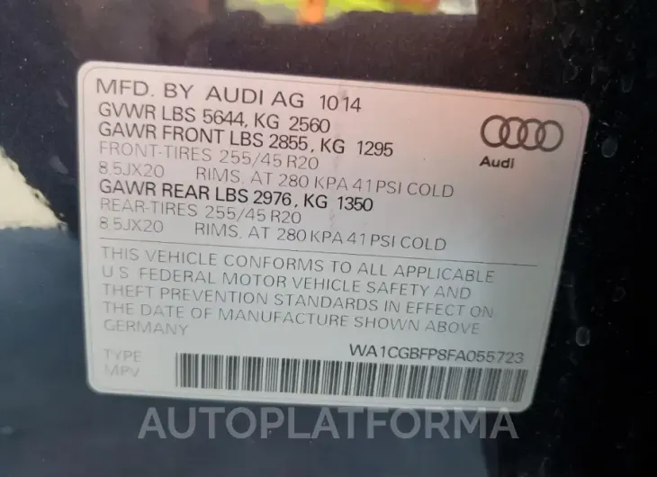 AUDI SQ5 PREMIU 2015 vin WA1CGBFP8FA055723 from auto auction Copart