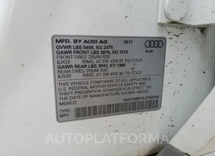 AUDI Q5 PRESTIG 2018 vin WA1CNBFY3J2036109 from auto auction Copart