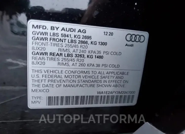 AUDI Q5 E PREMI 2021 vin WA1E2AFY3M2047000 from auto auction Copart