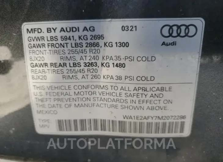 AUDI Q5 E PREMI 2021 vin WA1E2AFY7M2072286 from auto auction Copart