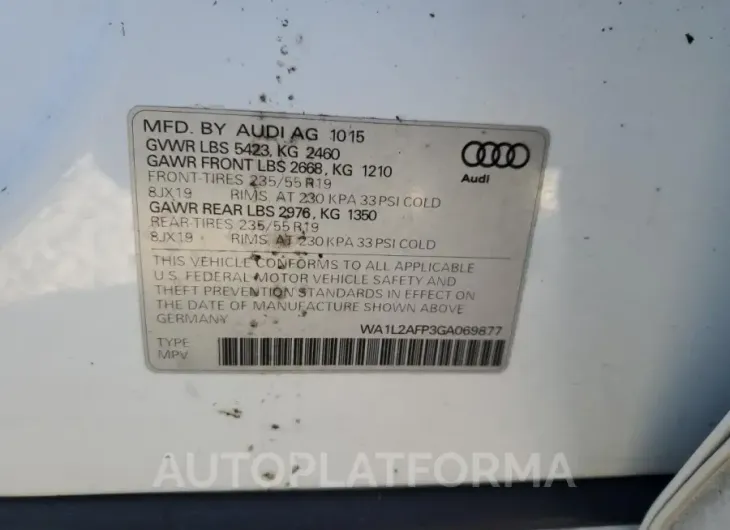 AUDI Q5 PREMIUM 2016 vin WA1L2AFP3GA069877 from auto auction Copart