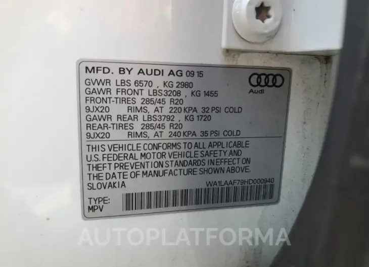 AUDI Q7 PREMIUM 2017 vin WA1LAAF79HD000940 from auto auction Copart