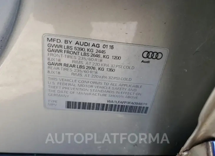 AUDI Q5 PREMIUM 2015 vin WA1LFAFP3FA094619 from auto auction Copart