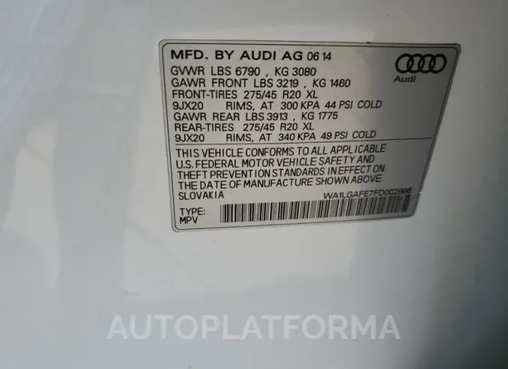 AUDI Q7 PREMIUM 2015 vin WA1LGAFE7FD002986 from auto auction Copart