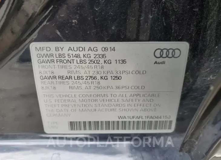 AUDI A4 ALLROAD 2015 vin WA1UFAFL1FA044156 from auto auction Copart