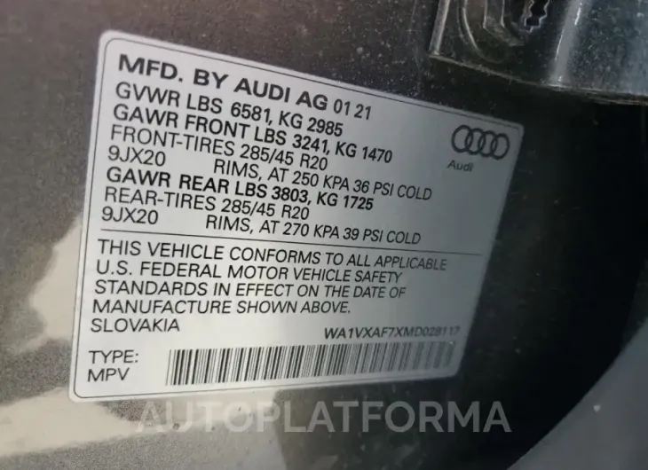 AUDI Q7 PRESTIG 2021 vin WA1VXAF7XMD028117 from auto auction Copart