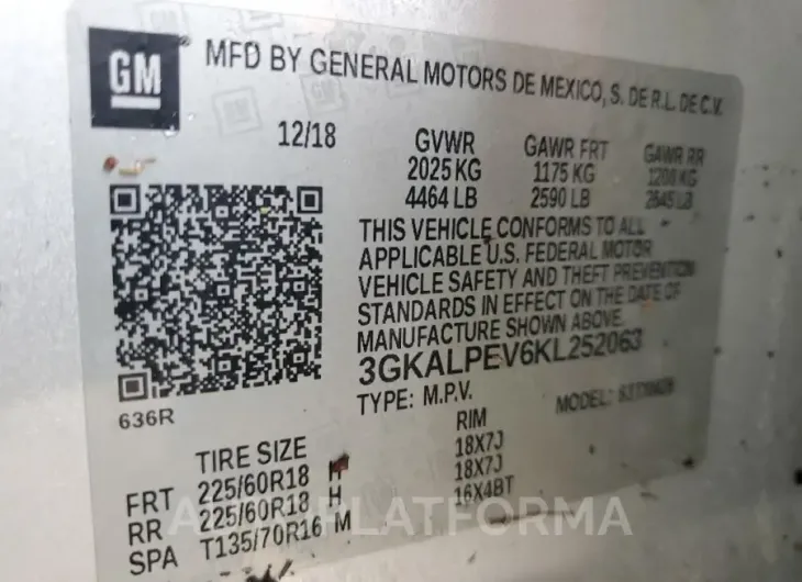 GMC TERRAIN SL 2019 vin 3GKALPEV6KL252063 from auto auction Copart