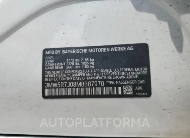 BMW 330XI 2021 vin 3MW5R7J08M8B87970 from auto auction Copart