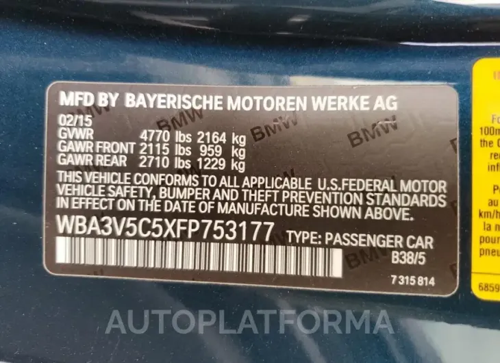 BMW 428 I 2015 vin WBA3V5C5XFP753177 from auto auction Copart