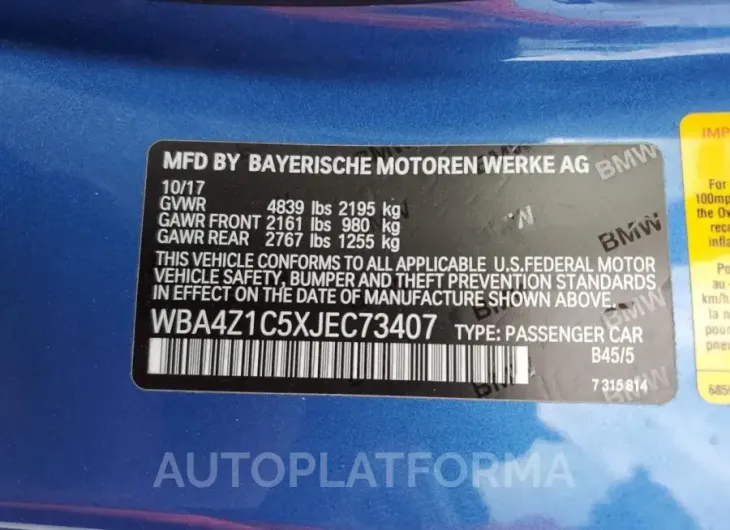 BMW 430I 2018 vin WBA4Z1C5XJEC73407 from auto auction Copart