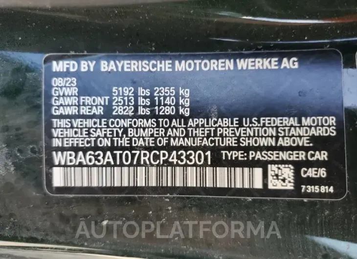 BMW M440XI 2024 vin WBA63AT07RCP43301 from auto auction Copart