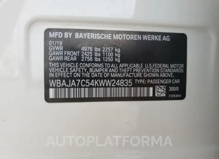 BMW 530 XI 2019 vin WBAJA7C54KWW24835 from auto auction Copart