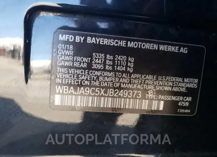 BMW 530E 2018 vin WBAJA9C5XJB249373 from auto auction Copart