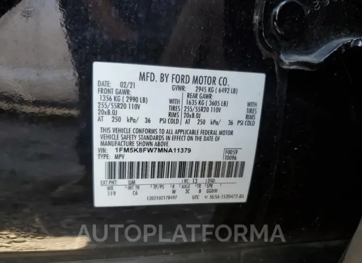 FORD EXPLORER L 2021 vin 1FM5K8FW7MNA11379 from auto auction Copart