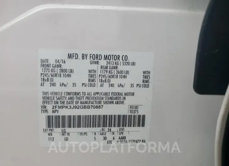 FORD EDGE SEL 2016 vin 2FMPK3J92GBB70887 from auto auction Copart