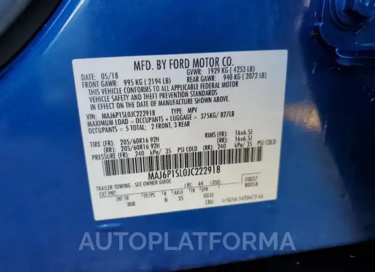 FORD ECOSPORT S 2018 vin MAJ6P1SL0JC222918 from auto auction Copart