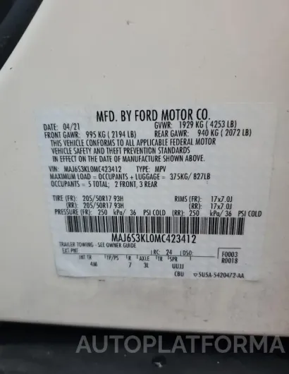 FORD ECOSPORT T 2021 vin MAJ6S3KL0MC423412 from auto auction Copart