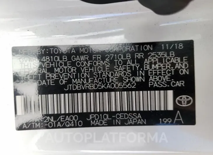 TOYOTA MIRAI 2019 vin JTDBVRBD5KA005562 from auto auction Copart