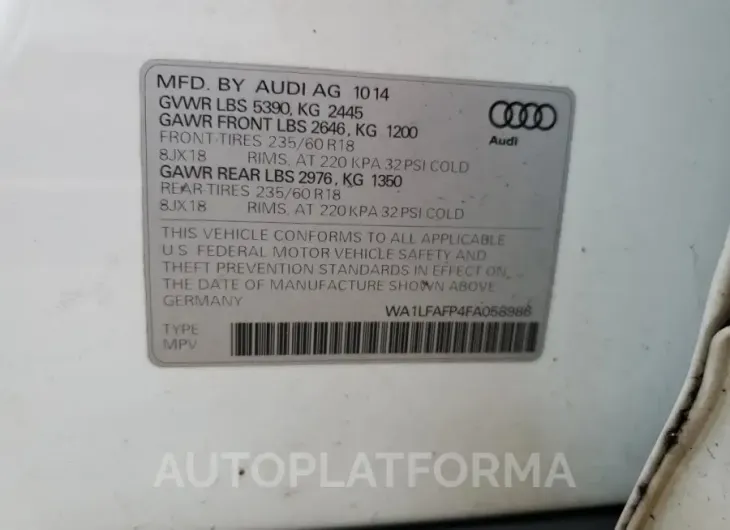 AUDI Q5 PREMIUM 2015 vin WA1LFAFP4FA058986 from auto auction Copart