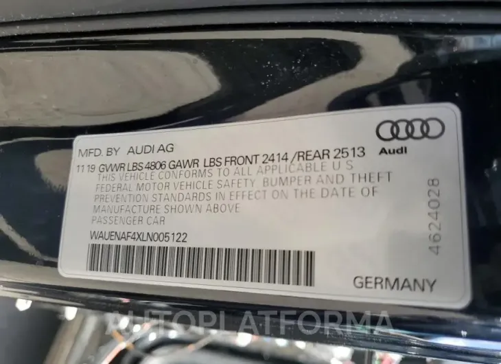 AUDI A4 PREMIUM 2020 vin WAUENAF4XLN005122 from auto auction Copart