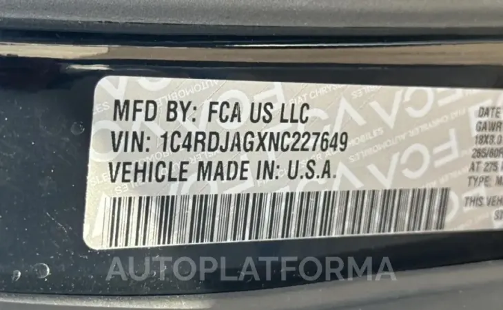 DODGE DURANGO SX 2022 vin 1C4RDJAGXNC227649 from auto auction Copart