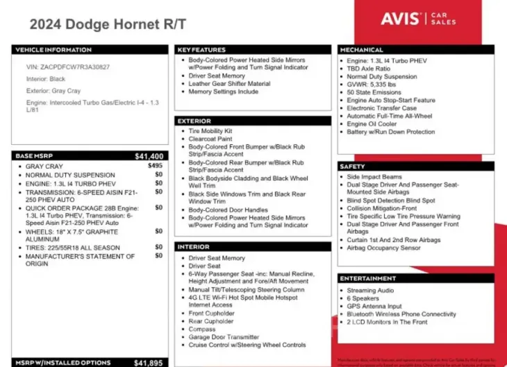 DODGE HORNET R/T 2024 vin ZACPDFCW7R3A30827 from auto auction Copart
