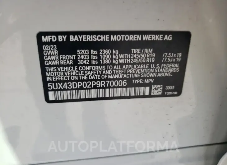 BMW X3 SDRIVE3 2023 vin 5UX43DP02P9R70006 from auto auction Copart