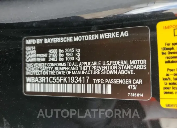 BMW 435 I 2015 vin WBA3R1C55FK193417 from auto auction Copart