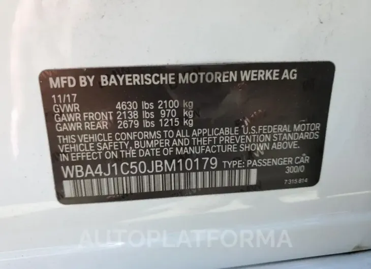 BMW 430I GRAN 2018 vin WBA4J1C50JBM10179 from auto auction Copart