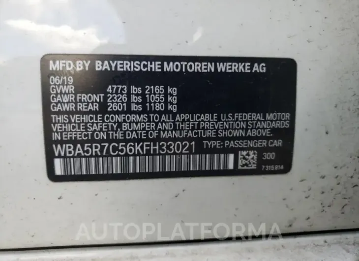 BMW 330XI 2019 vin WBA5R7C56KFH33021 from auto auction Copart