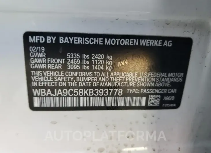 BMW 530E 2019 vin WBAJA9C58KB393778 from auto auction Copart