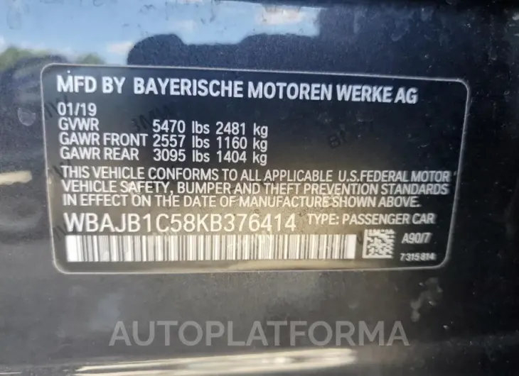 BMW 530XE 2019 vin WBAJB1C58KB376414 from auto auction Copart