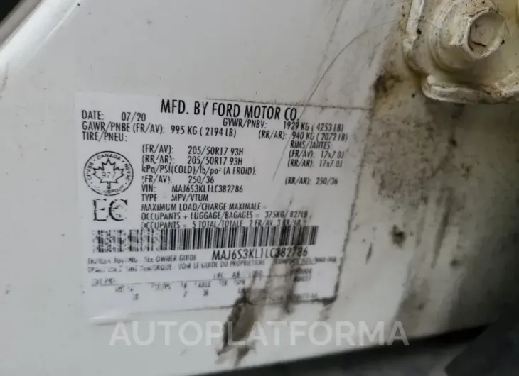 FORD ECOSPORT T 2020 vin MAJ6S3KL1LC382786 from auto auction Copart