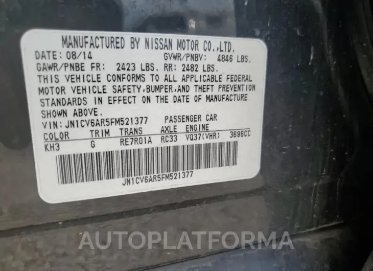 INFINITI Q40 2015 vin JN1CV6AR5FM521377 from auto auction Copart