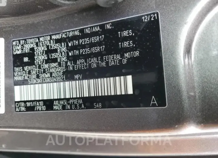 TOYOTA SIENNA LE 2022 vin 5TDKSKFC6NS049921 from auto auction Copart