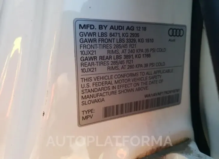 AUDI Q8 PREMIUM 2019 vin WA1AVAF17KD019761 from auto auction Copart