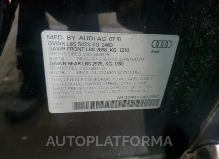 AUDI Q5 PREMIUM 2016 vin WA1L2AFP1GA023562 from auto auction Copart