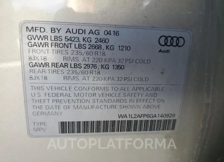 AUDI Q5 PREMIUM 2016 vin WA1L2AFP6GA140926 from auto auction Copart