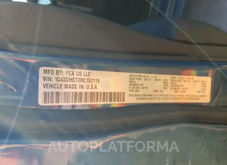 DODGE DURANGO R/ 2024 vin 1C4SDHCT0RC157119 from auto auction Copart