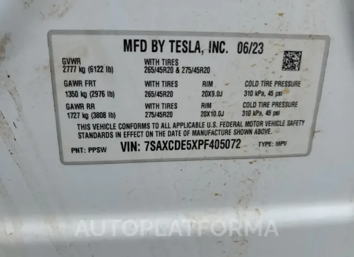 TESLA MODEL X 2023 vin 7SAXCDE5XPF405072 from auto auction Copart